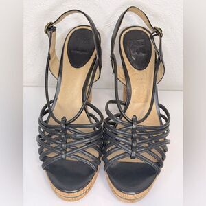 Frye Lena Black Woven Leather Slingback Platform Cork Heel Sandals 10